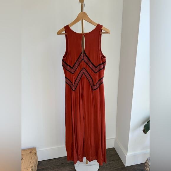 ANTHROPOLOGIE DESERT EMBROIDERED JUMPSUIT RUST BURT ORANGE BLACK TRIM - Picture 6 of 9